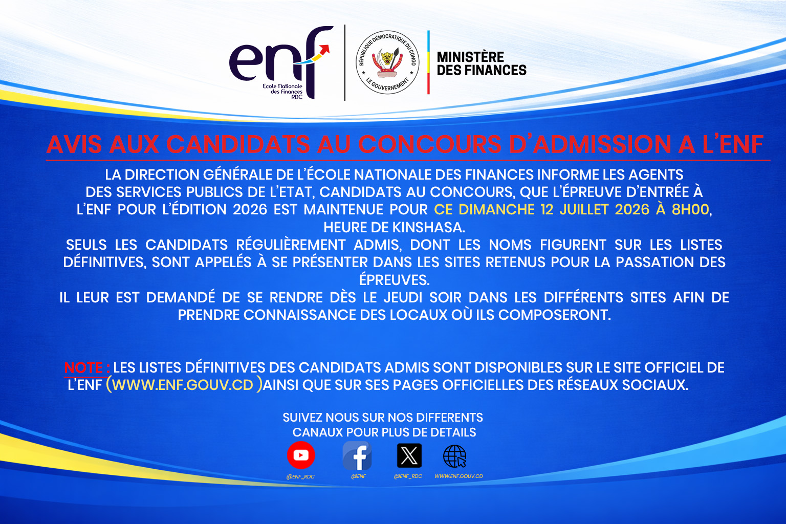 AVIS AUX CANDIDATS AU CONCOURS D’ADMISSION A L’ENF – ÉDITION 2026 AVIS AUX CANDIDATS AU CONCOURS D’ADMISSION A L’ENF – ÉDITION 2026